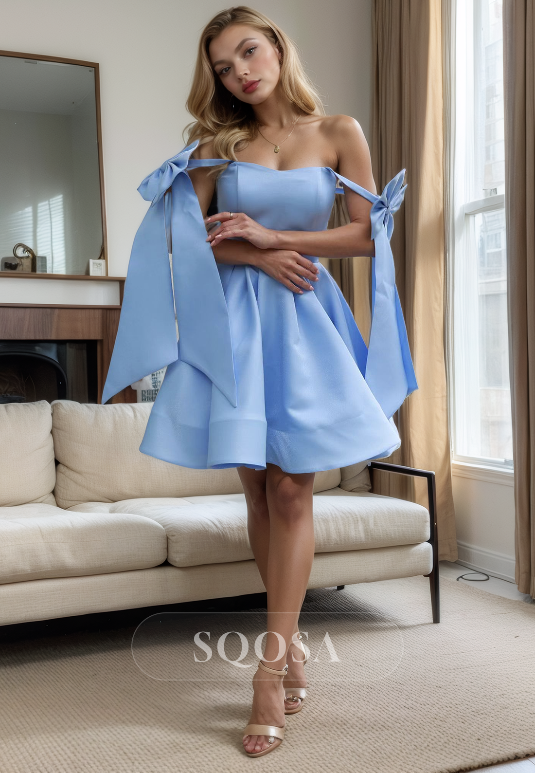 A Line Off Shoulder Sky Blue Satin Homecoming Dress Short Graduation Dress