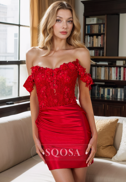 Tight Short Red Graduation Dresses Sheath Off Shouler 3D Appliques Red Homecoming Dress Tight Short Graduation Tight Short Red Graduation Dresses Sheath Off Shouler 3D Appliques Red Homecoming Dress Tight Short Graduation