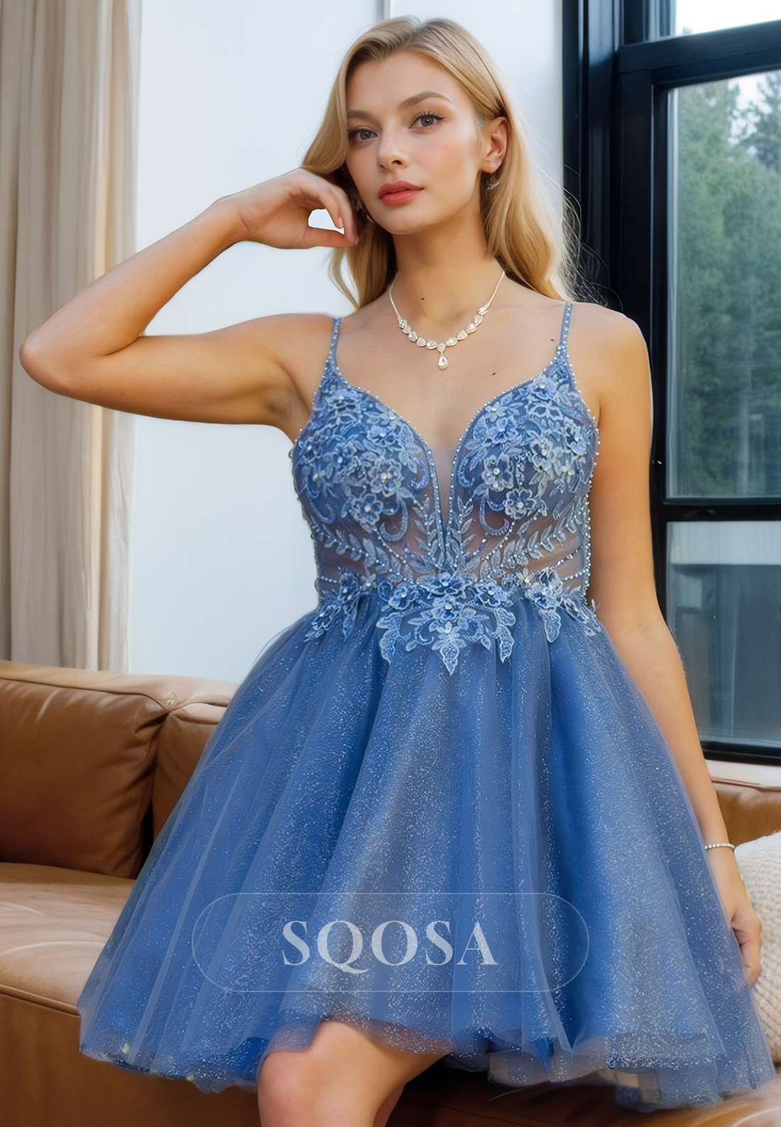 sachin and babi light blue dress Dark Blue V Neck Tulle Sequin Short Prom Dress, Blue Homecoming Dress