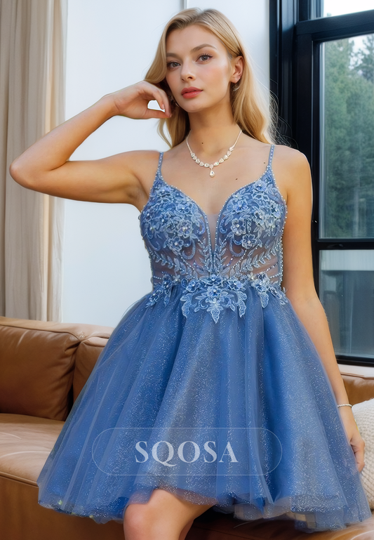 A Line V neck Lace Apliques Blue  Homecoming Dress Short Prom Dress