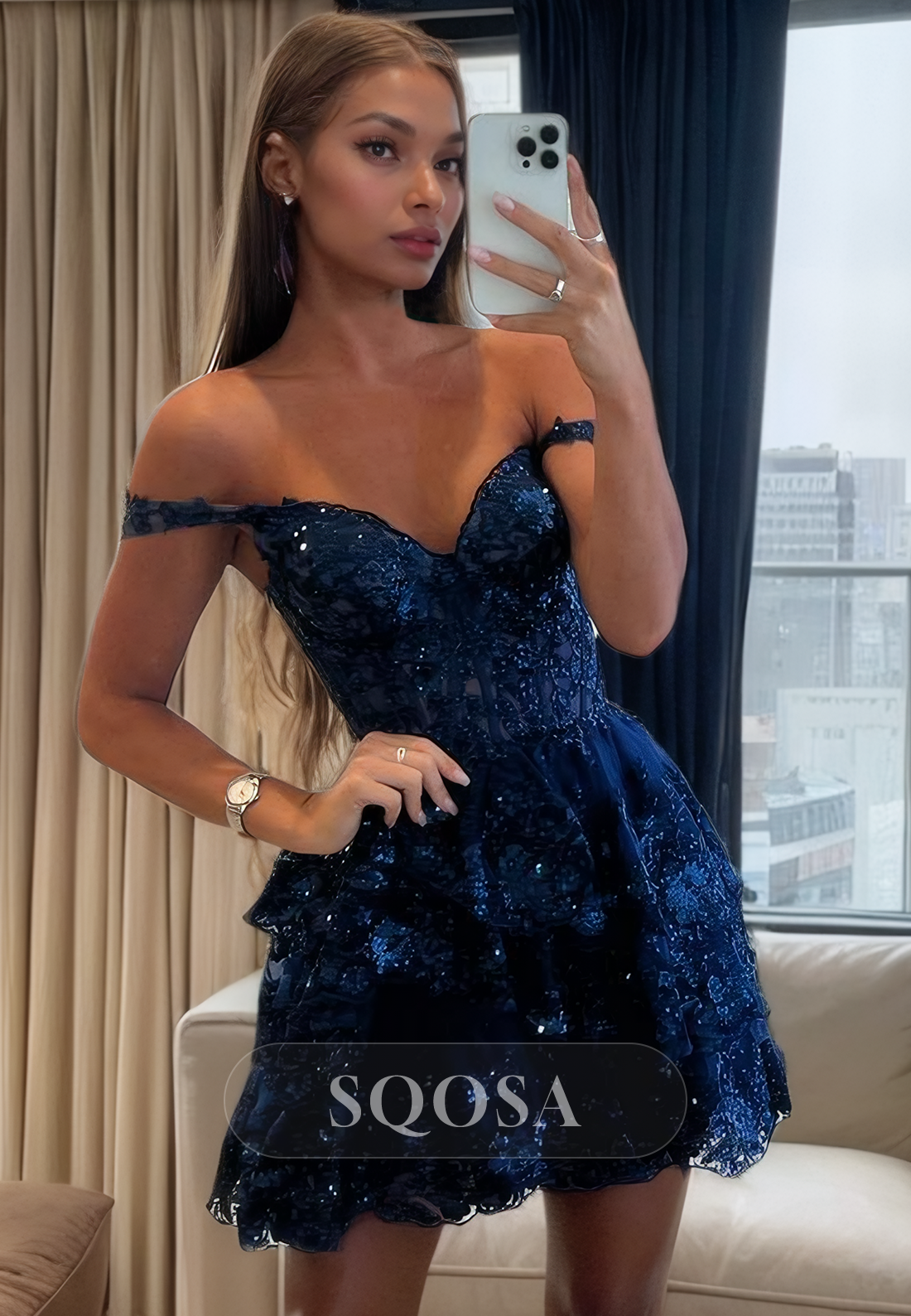 A Line Off Shoulder Sequins Appliques Navy Homecoming Dress Short Graduation Dress