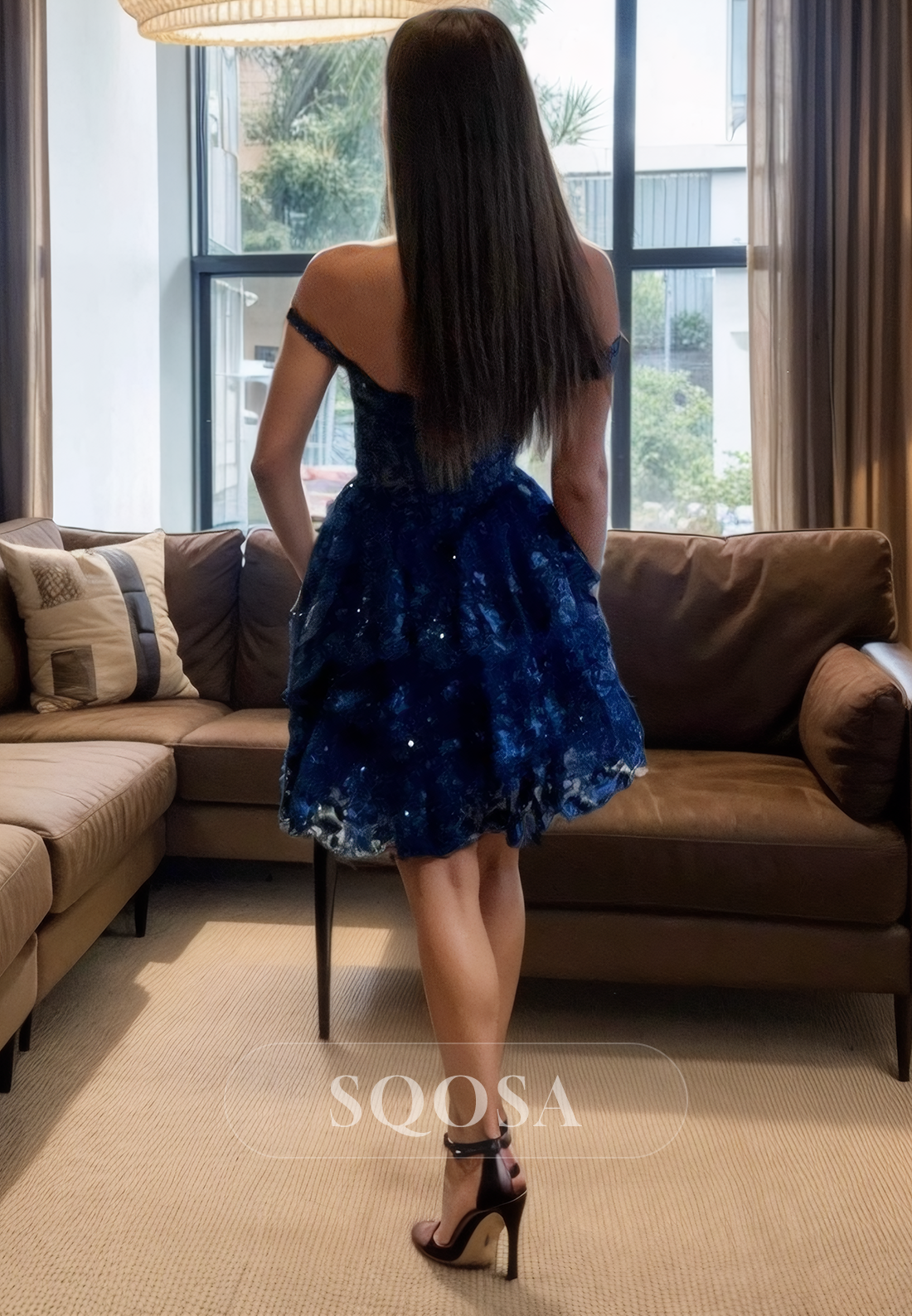 A Line Off Shoulder Sequins Appliques Navy Homecoming Dress Short Graduation Dress US14 / Navy A Line Off Shoulder Sequins Appliques Navy Homecoming Dress Short Graduation Dress US14 / Navy