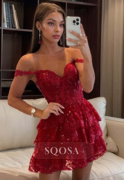 A Line Off Shoulder Sequins Appliques Burgundy Homecoming Dress Short Graduation Dress