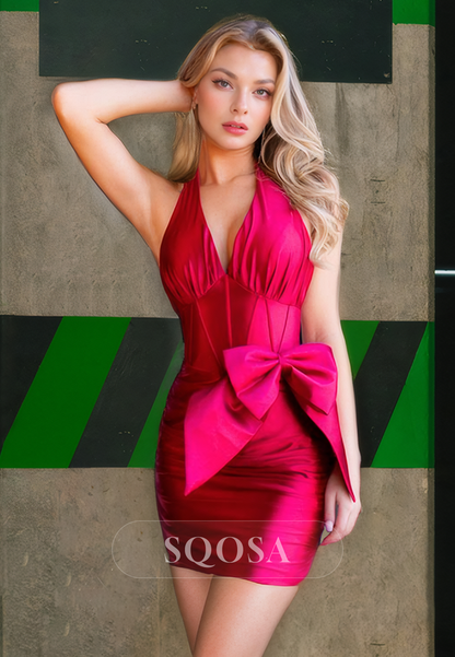 Unique Halter Pleats Short Homecoming Dress Tight Graduation Dress US6 / Pink Unique Halter Pleats Short Homecoming Dress Tight Graduation Dress US6 / Pink