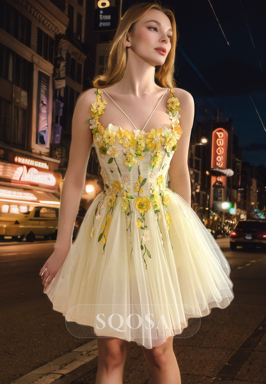 A Line 3D Flowers Yellow Cute Homecoming Dress Short Prom Dress