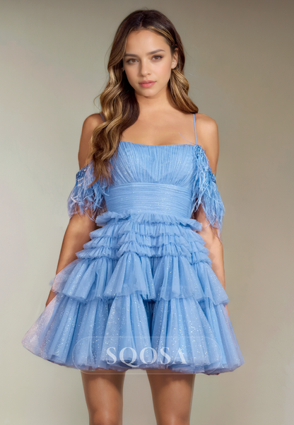 A Line Spaghetti Straps Feathers Tulle Pleats Short Homecoming Dress Cute Graduation Dress