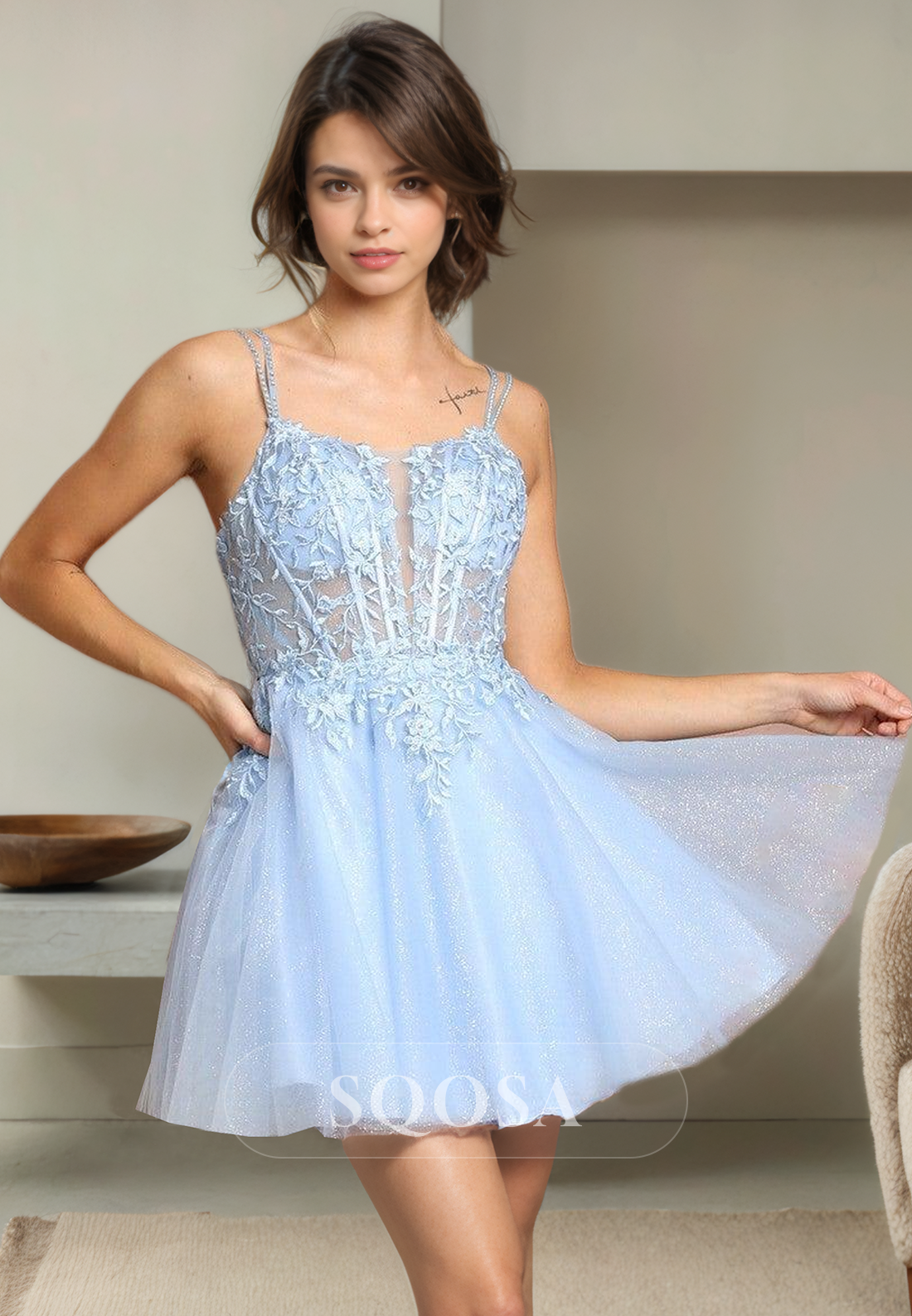 A Line Spaghetti Straps Tulle Appliques Cute Homecoming Dress Short Pr SQOSA A Line Spaghetti Straps Tulle Appliques Cute Homecoming Dress Short Pr SQOSA