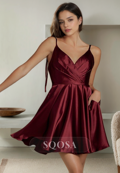 A Line Spaghetti Straps Satin Short Homecoming Dress with Pockets Burgundy Graduation Dress