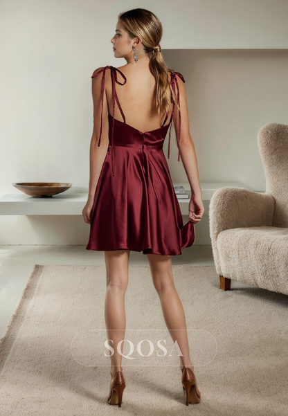 A Line Spaghetti Straps Satin Short Homecoming Dress with Pockets Burgundy Graduation Dress