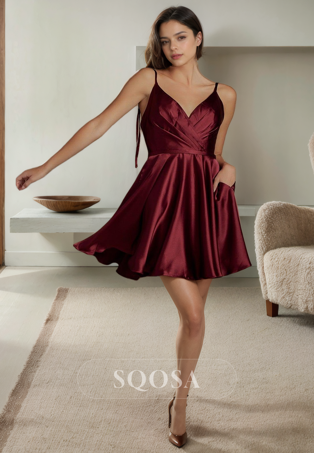 A Line Spaghetti Straps Satin Short Homecoming Dress with Pockets Burgundy Graduation Dress