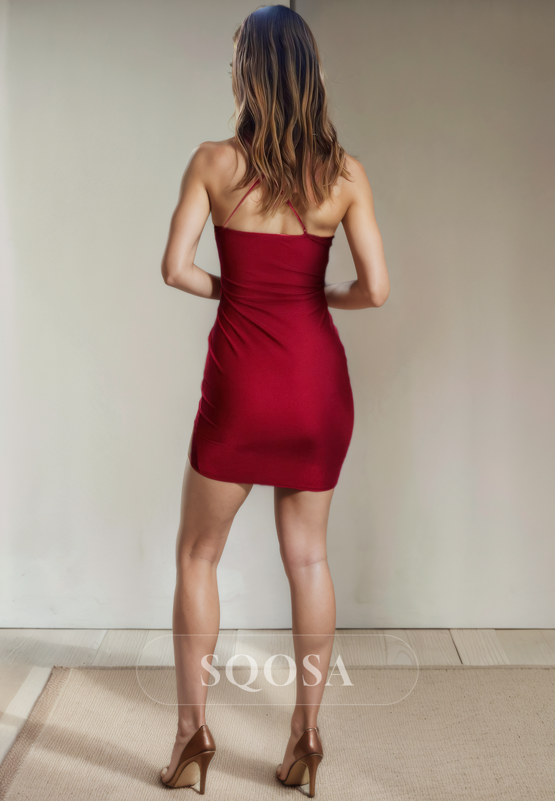 Spaghetti Straps Pleats Burgundy Homecoming Dress Short Graduation Dress