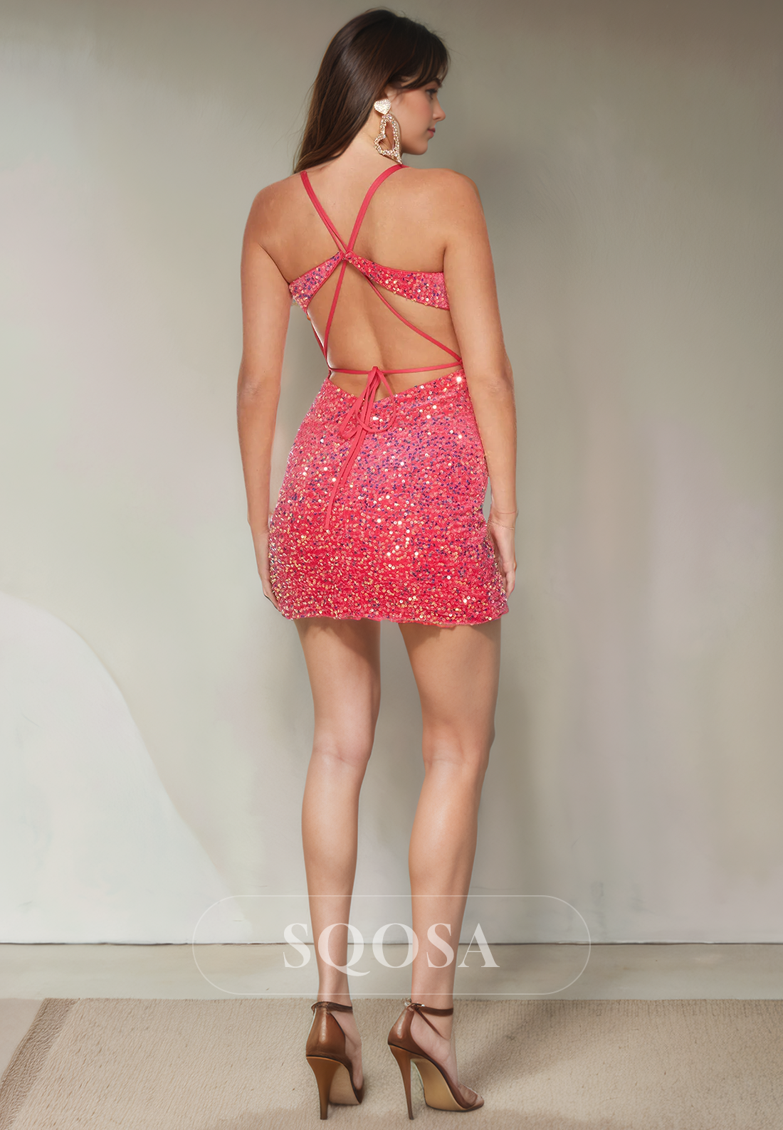 Spaghetti Straps V Neck Sequins Homecoming Dress Tight Short Graduation Dress