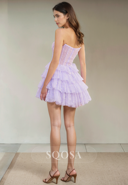 A Line Strapless Tiered Short Homecoming Dress Graduation Dress