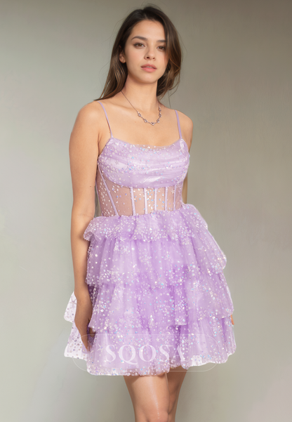 Spaghetti Straps Lace Tiered Short Homecoming Dress Cute Graduation Dr SQOSA Spaghetti Straps Lace Tiered Short Homecoming Dress Cute Graduation Dr SQOSA