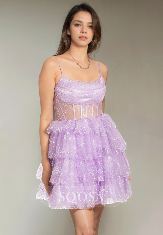 Spaghetti Straps Lace Tiered Short Homecoming Dress Cute Graduation Dress