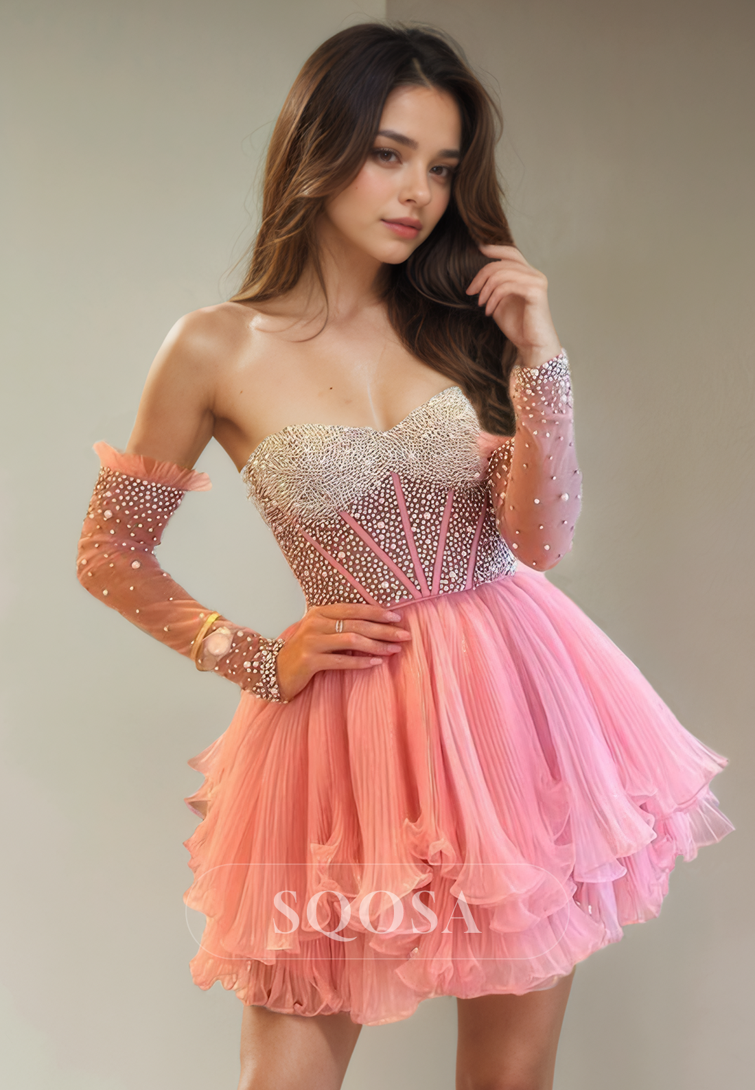pink homecoming dress long sleeve A Line Sweetheart Beads Sleeves Cute Short Prom Graduation Dress Organza 3 Color:COOL SLATE Don't Overpay for Bridesmaid FULL LENGTH