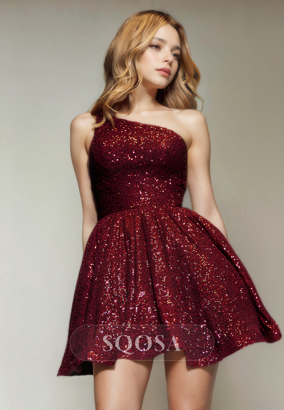 A Line One Shoulder Sequins Burgundy Homecoming Dress Short Prom Party   SQOSA