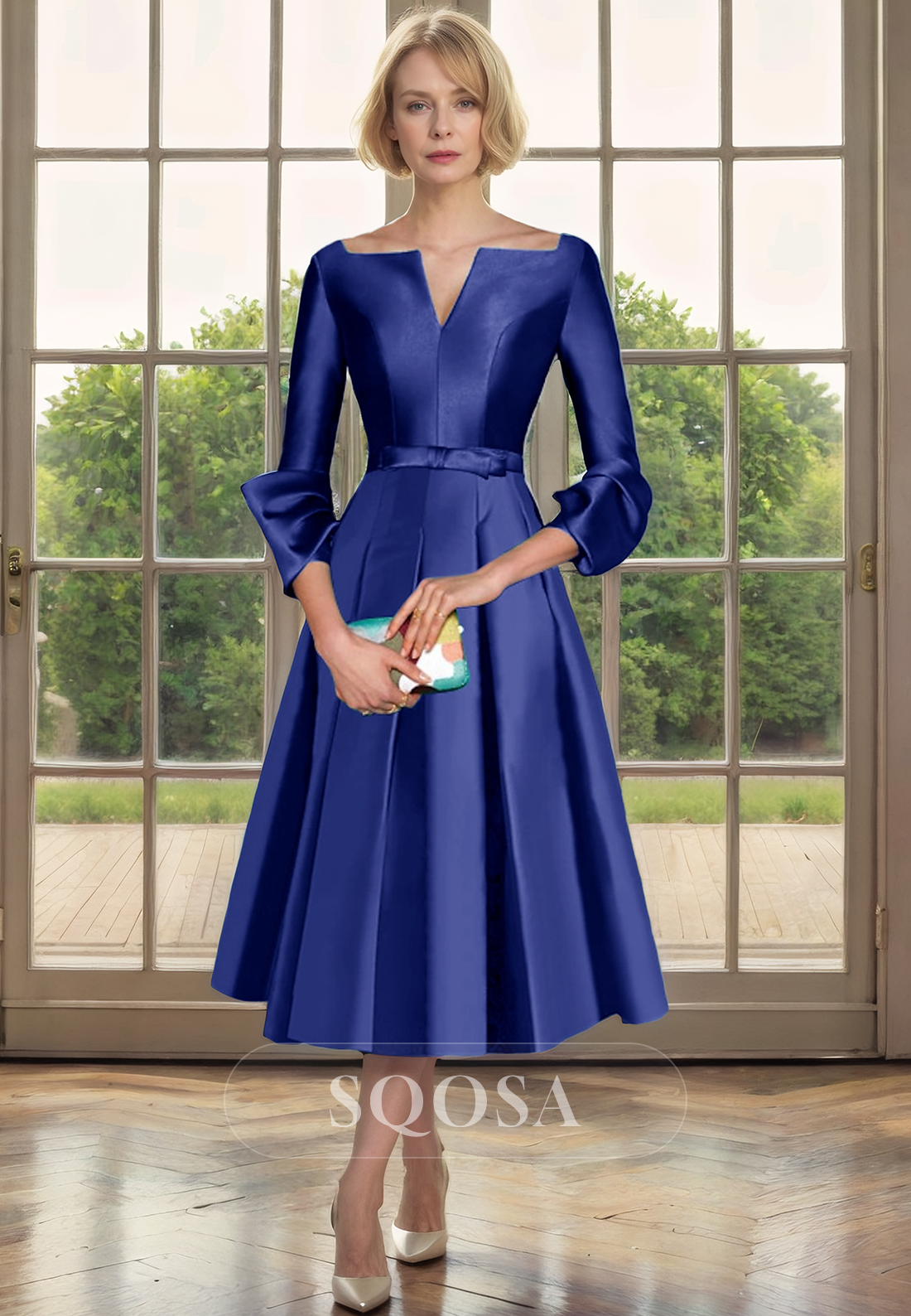 A Line Satin 3/4 Sleeves Simple Mother of the Bride Dress Elegant Cocktail Dress Custom Size / Royal Blue A Line Satin 3/4 Sleeves Simple Mother of the Bride Dress Elegant Cocktail Dress Custom Size / Royal Blue