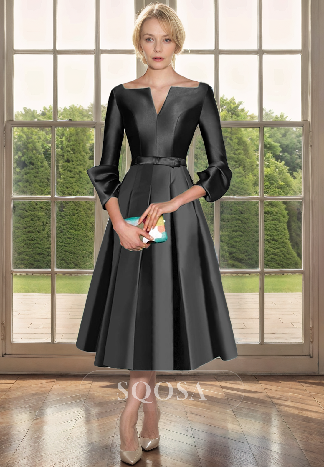 A Line Satin 3/4 Sleeves Simple Mother of the Bride Dress Elegant Cocktail Dress