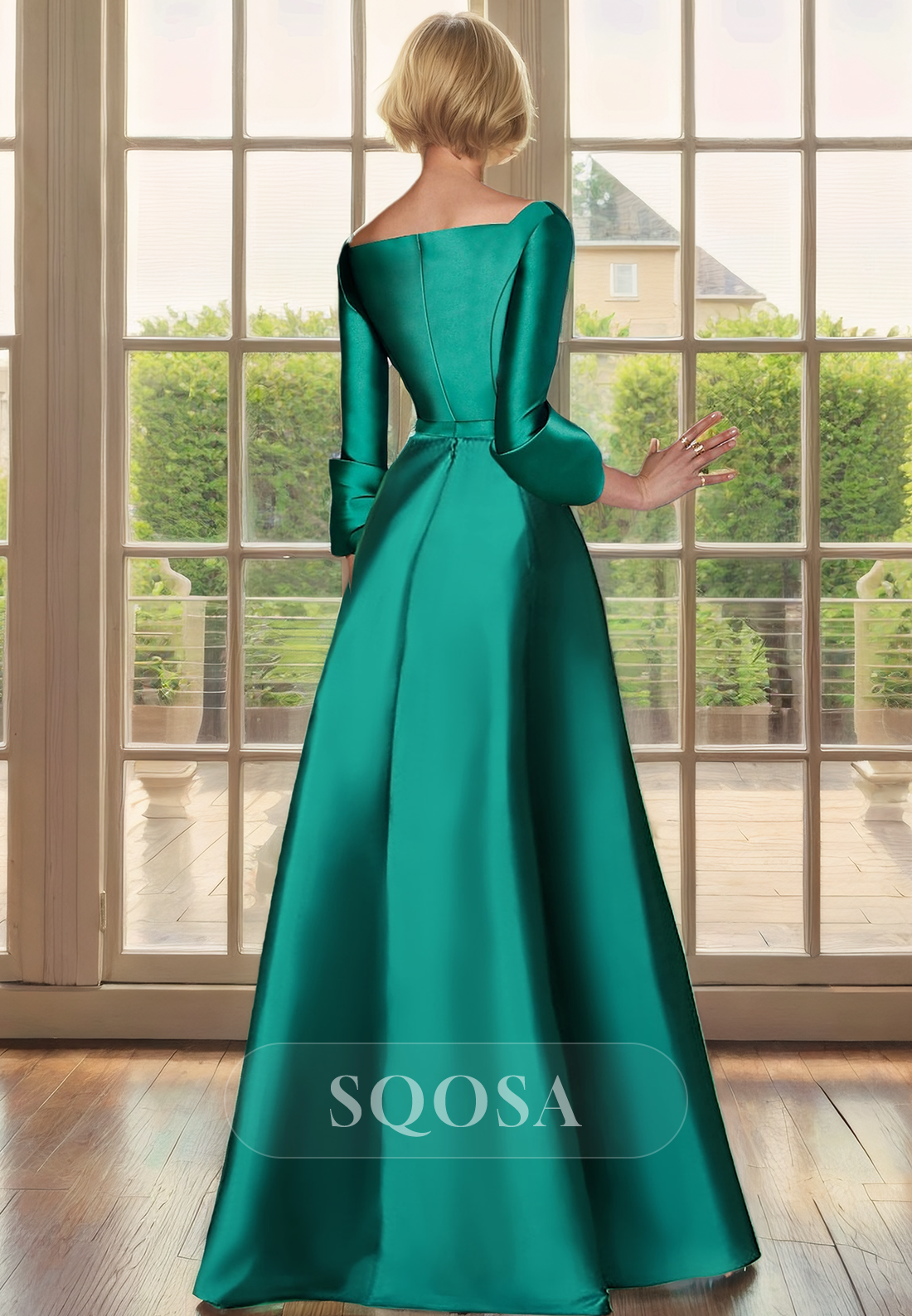 A Line Elegant Satin 3/4 Sleeves Side Slit Long Mother of the Bride Dress Cocktail Dress