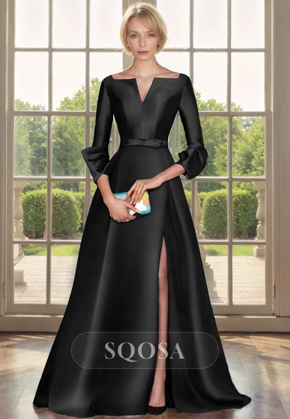 A Line Elegant Satin 3/4 Sleeves Side Slit Long Mother of the Bride Dress Cocktail Dress