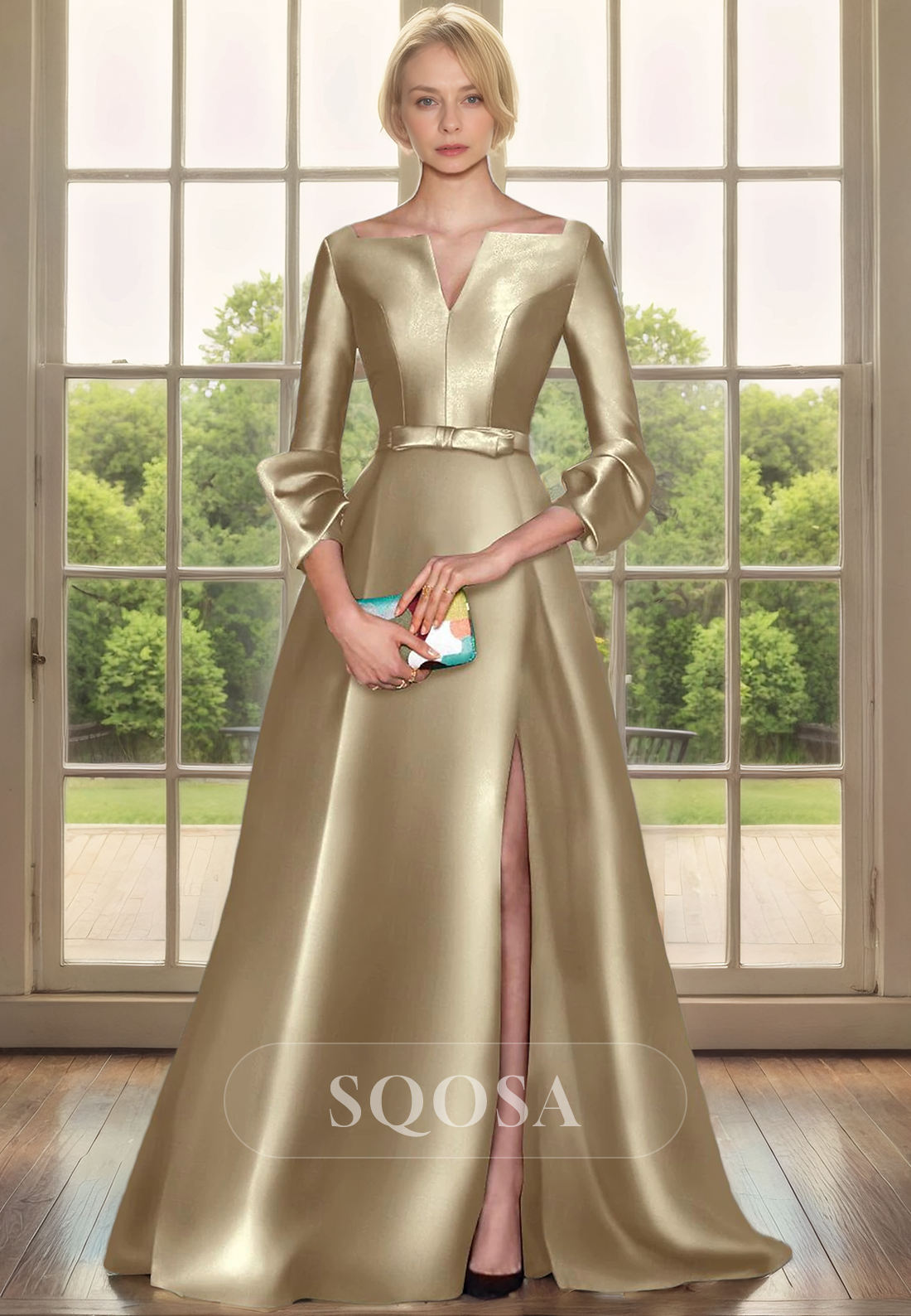 A Line Elegant Satin 3/4 Sleeves Side Slit Long Mother of the Bride Dress Cocktail Dress