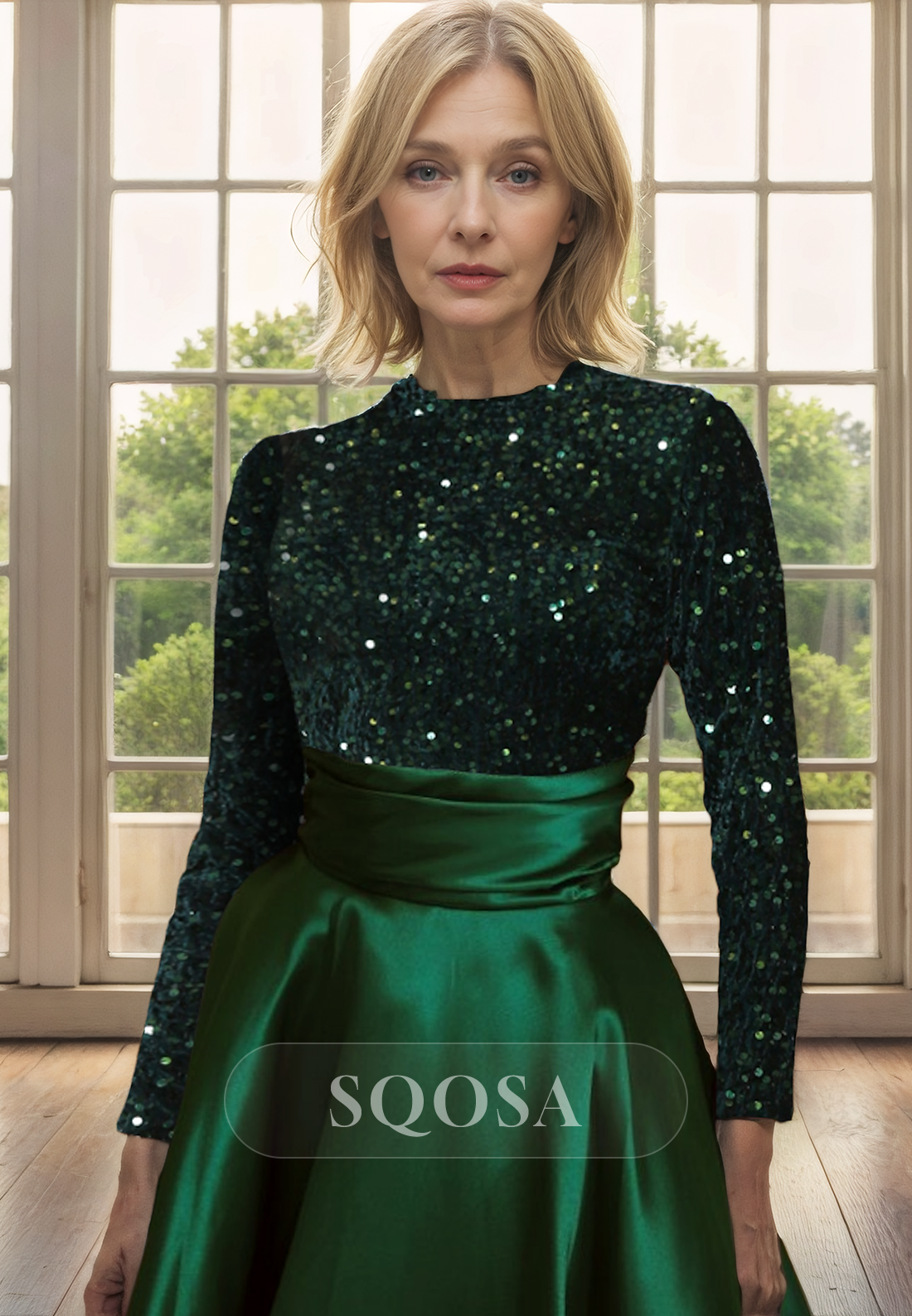 A Line Jewel Neckline Long Sleeves Mother of the Bride Dress with Pock SQOSA A Line Jewel Neckline Long Sleeves Mother of the Bride Dress with Pock SQOSA