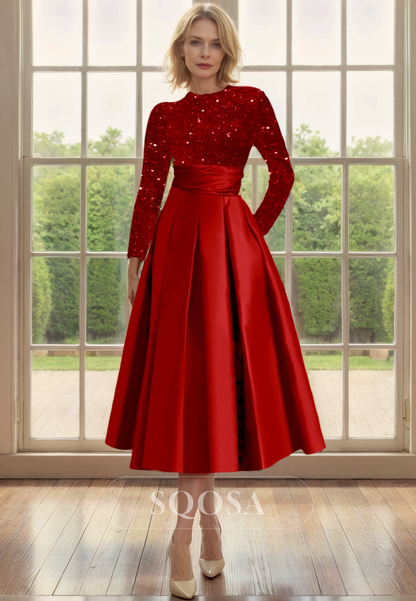 A Line Jewel Neckline Long Sleeves Mother of The Bride Dress with Pockets Cocktail Dress Custom Size / Red A Line Jewel Neckline Long Sleeves Mother of The Bride Dress with Pockets Cocktail Dress Custom Size / Red