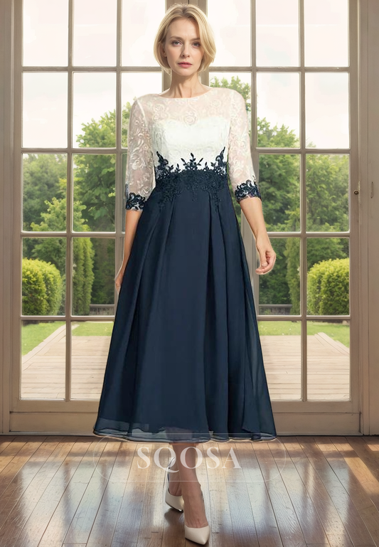 A Line Lace Appliques 3/4 Sleeves Elegant Mother of the Bride Dress Tea Length Cocktail Dress