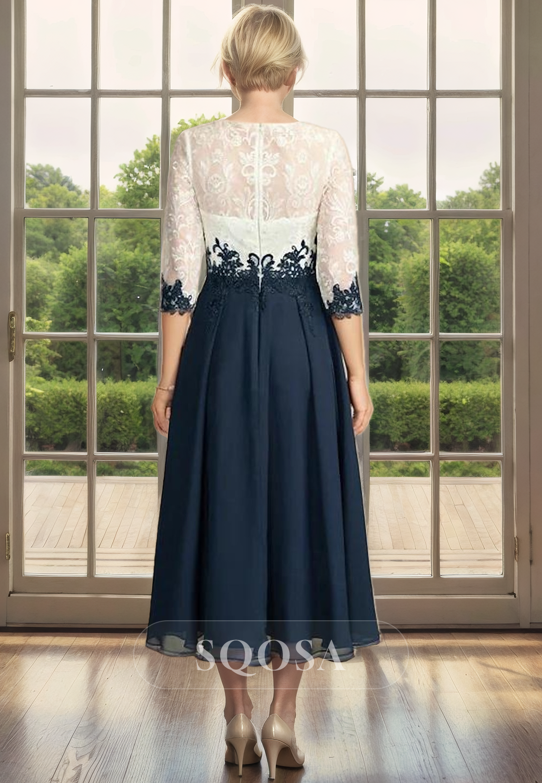 A Line Lace Appliques 3/4 Sleeves Elegant Mother of the Bride Dress Tea Length Cocktail Dress