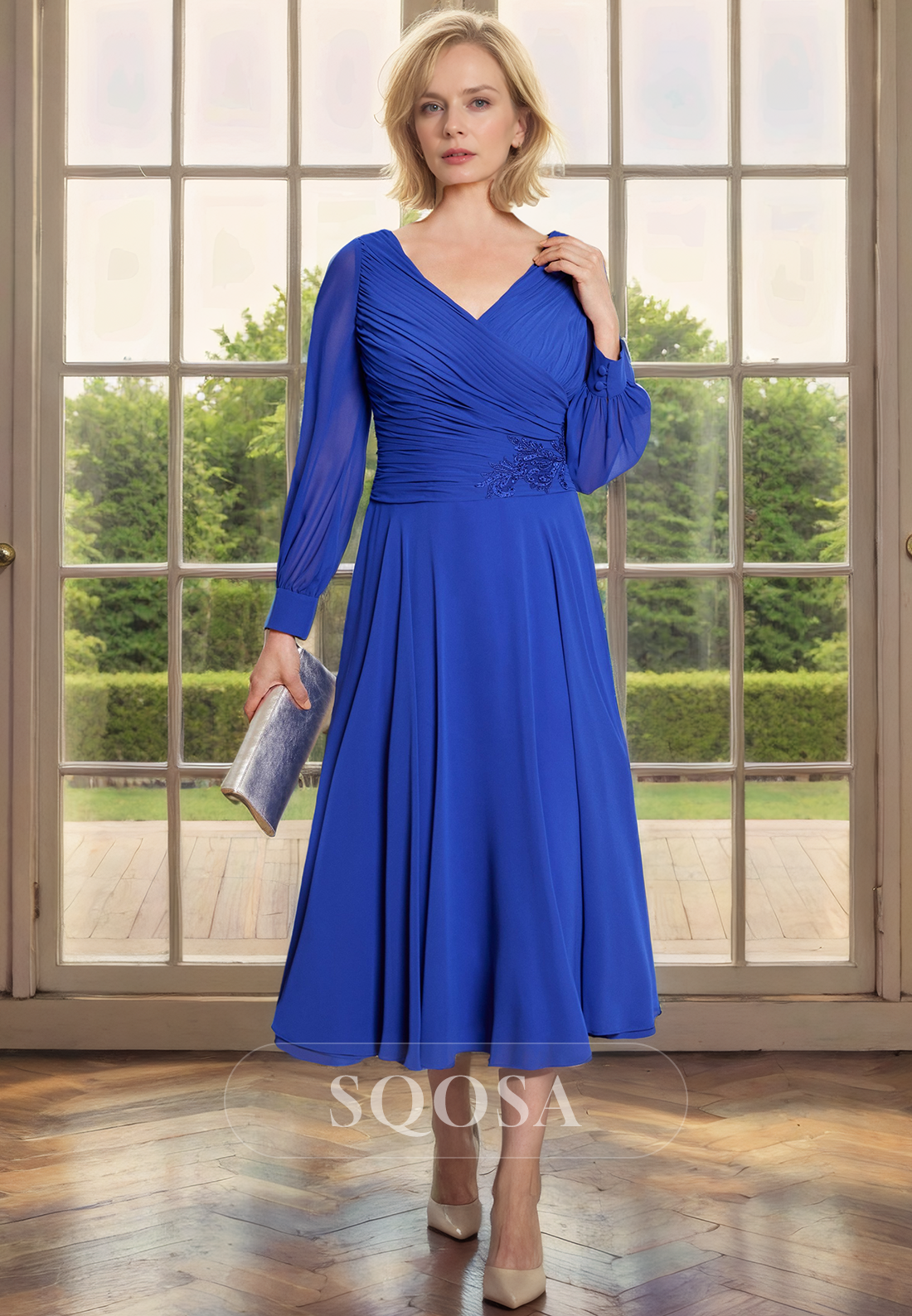 A Line V neck Chiffon Pleats Long Sleeves Mother of the Bride Dress Tea Length Cocktail Dress