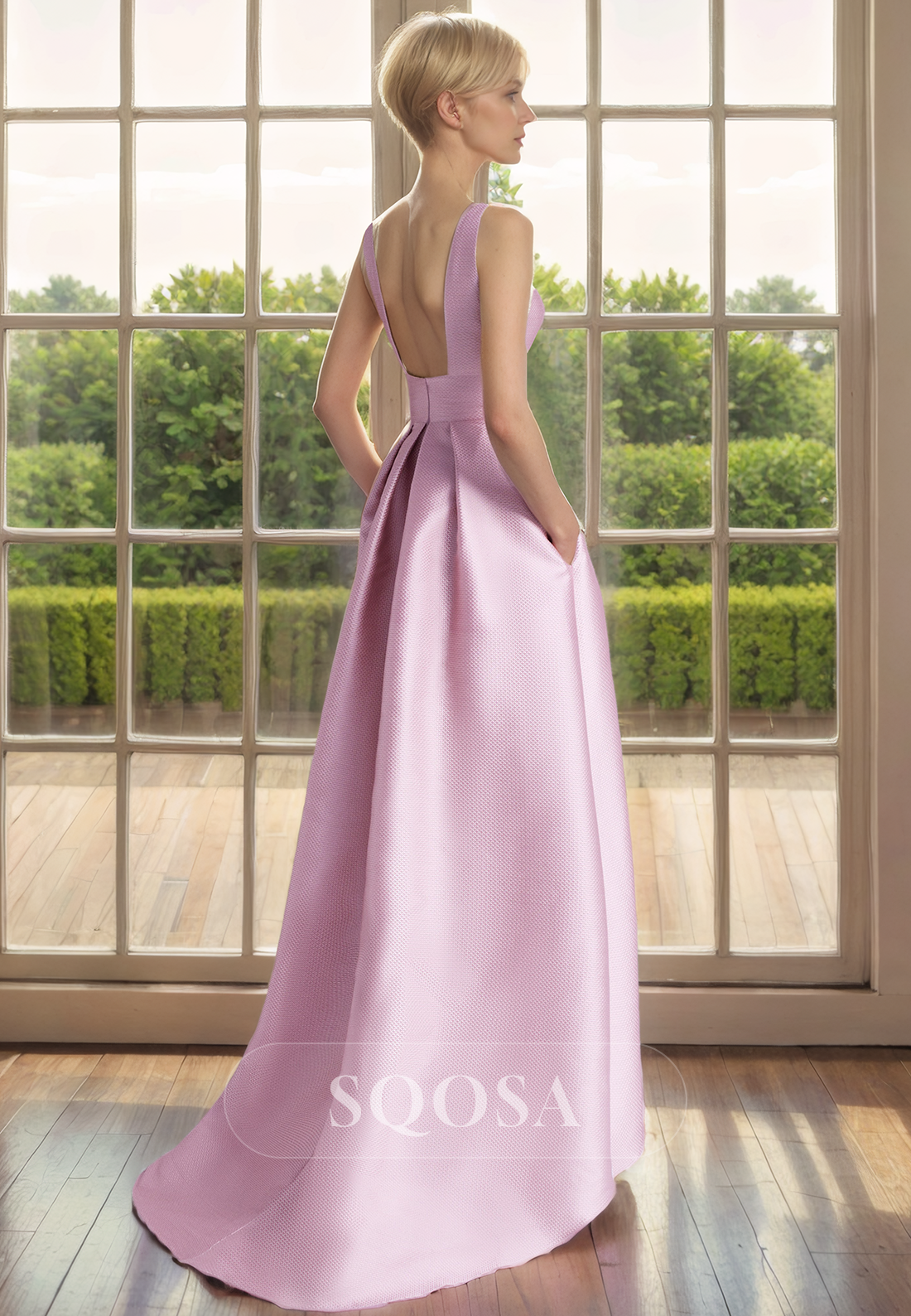 A Line Bateau Pink Elegant Mother of the Bride Dress Open Back Cocktail Dress