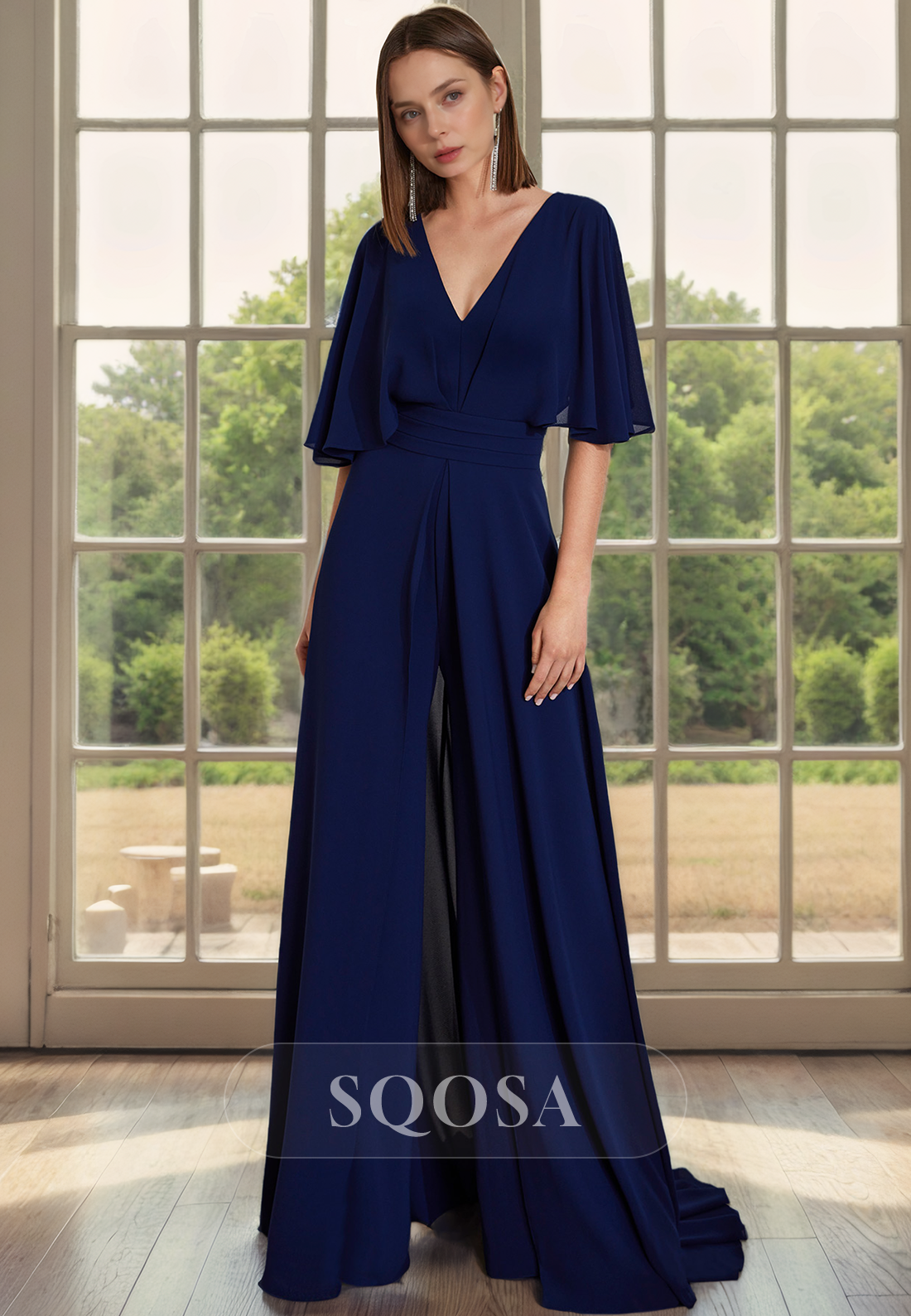 A Line V neck Short Sleeves Chiffon Mother of the Bride Dress Elegant – SQOSA