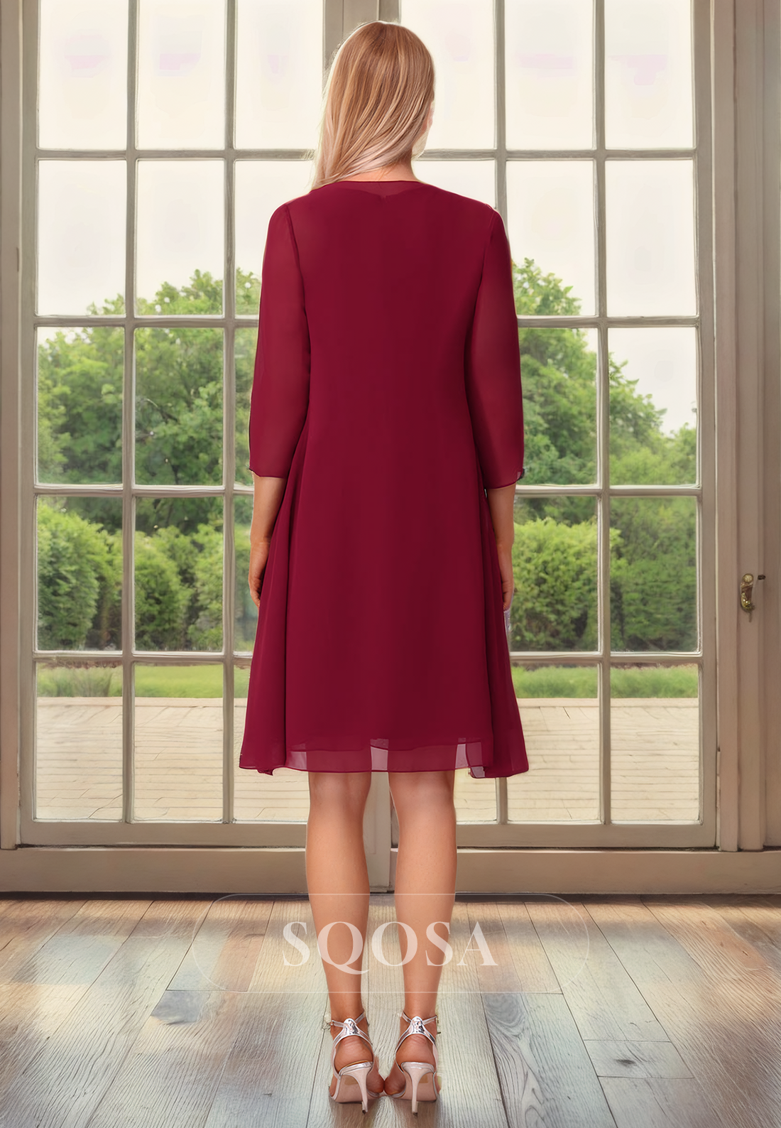 A Line Bateau Chiffon Pleats Burgundy Mother of the Bride Dress with Jacket for Wedding