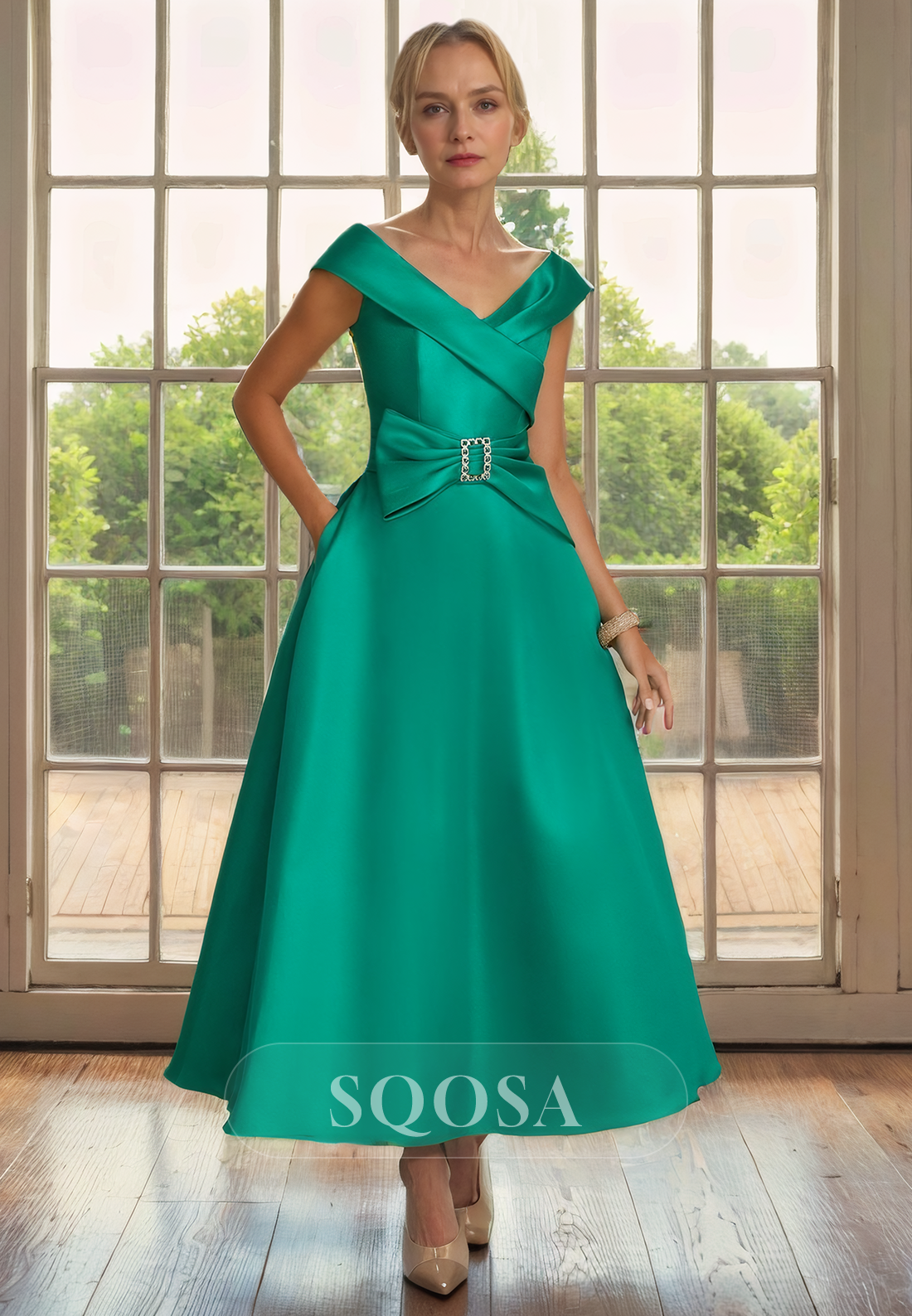 A Line Off Shoulder Satin Mother of the Bride Dress with Pockets Tea Length Cocktail Dress