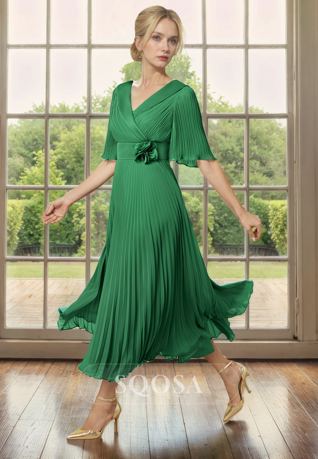 A Line V Neck Half Sleeves Pleats Mother of the Bride Dress for Wedding