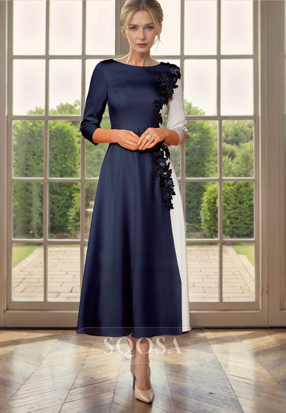 A Line Bateau 3D Flowers 3/4 Sleeves Mother of the Bride Dress for Wedding