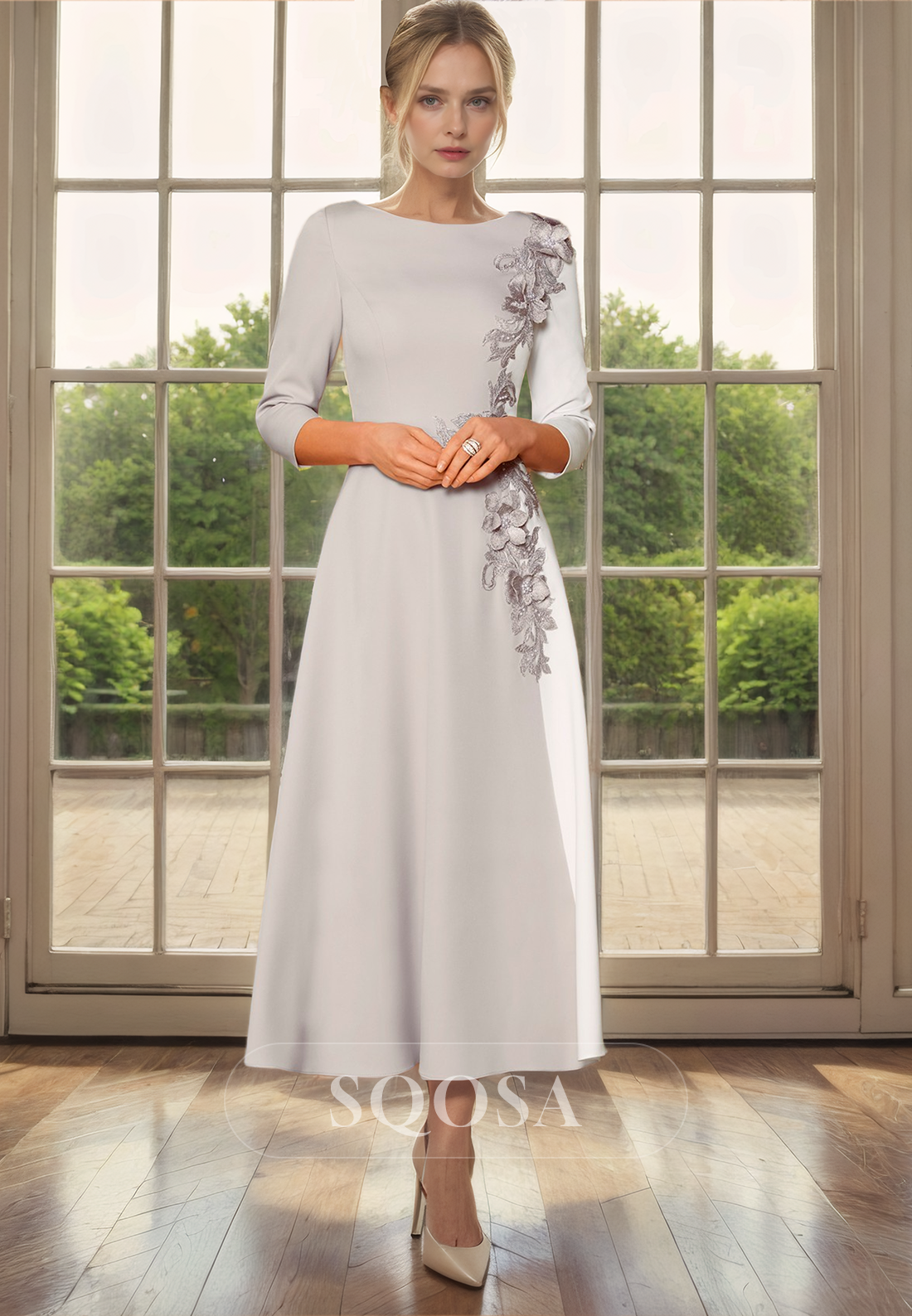 A Line Bateau 3D Flowers 3/4 Sleeves Mother of the Bride Dress for Wedding