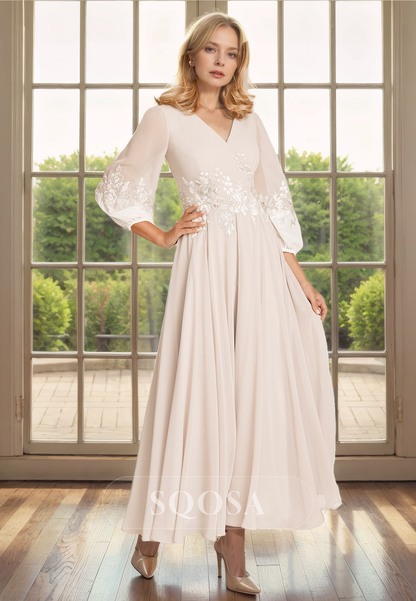 A Line V neck Appliques 3/4 Sleeves Elegant Mother of the Bride Dress for Wedding