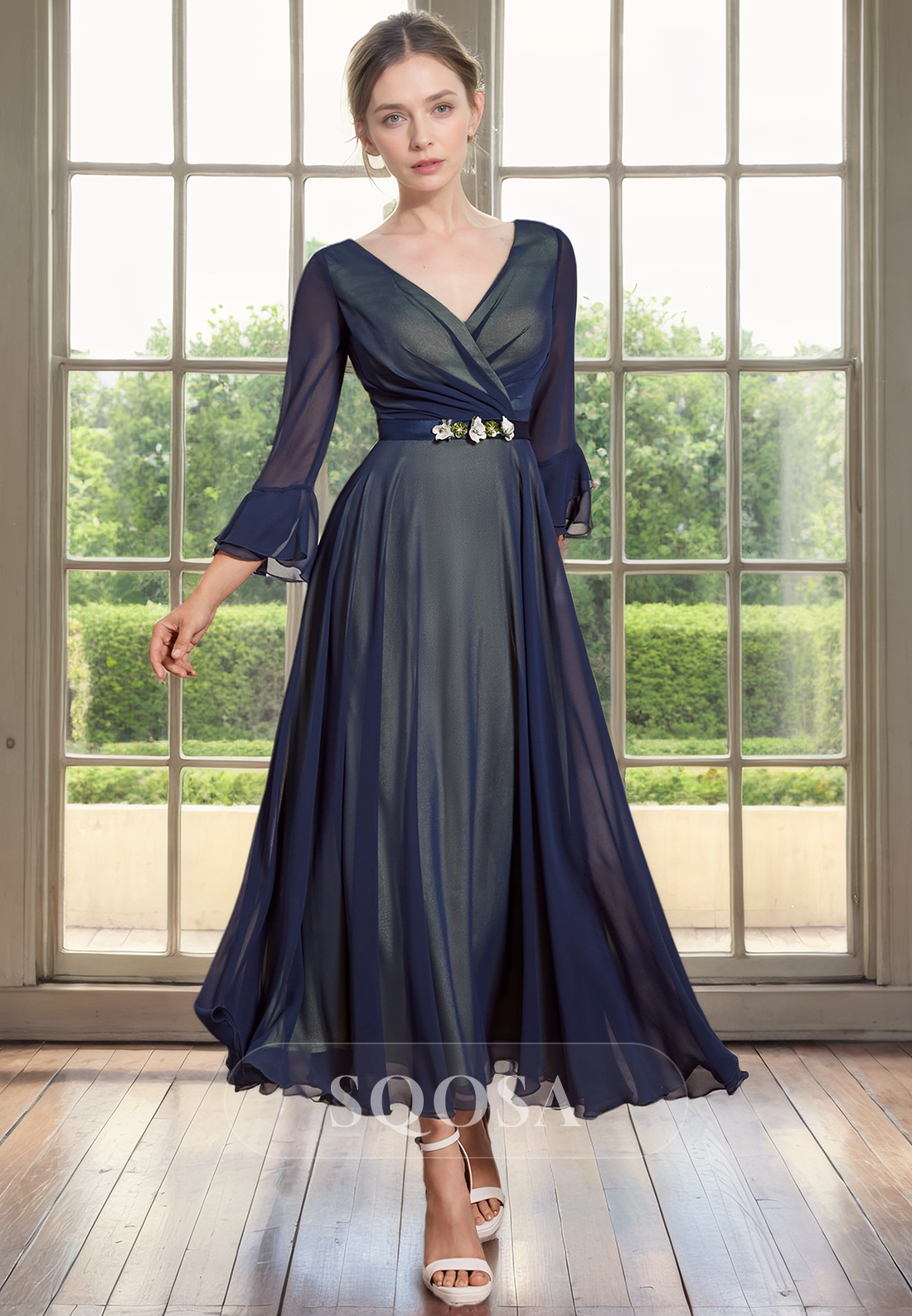 A Line V Neck 3/4 Sleeves Elegant Mother of the Bride Dress for Weddin SQOSA A Line V Neck 3/4 Sleeves Elegant Mother of the Bride Dress for Weddin SQOSA