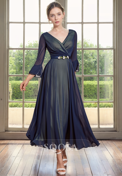 A Line V Neck 3/4 Sleeves Elegant Mother of the Bride Dress for Wedding