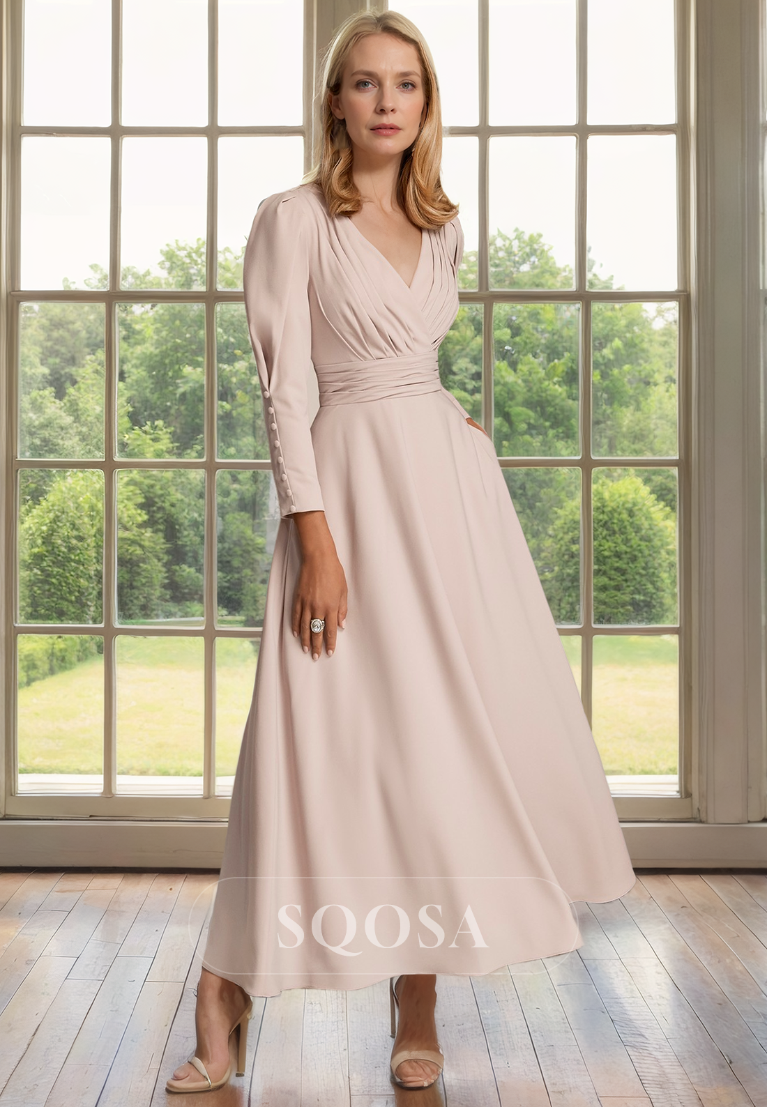 A Line V Neck Pleats 3/4 Sleeves Elegant Mother of the Bride Dress with Pockets