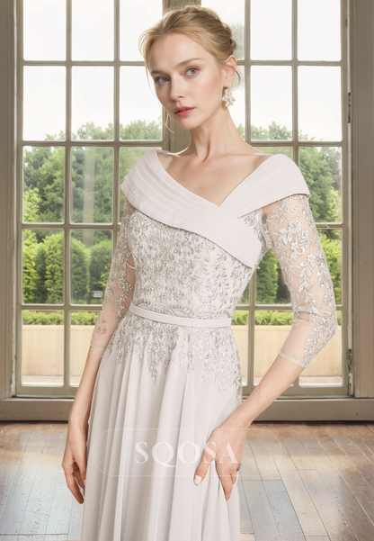 A Line Off Shoulder Lace Appliques 3/4 Sleeves Elegant Mother of the Bride Dress