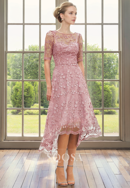 A Line Scoop Half Sleeves Elegant Lace Mother of the Bride Dress for Wedding