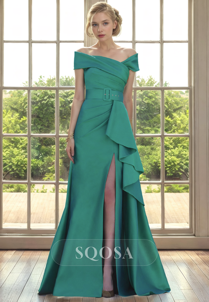 Sheath Off Shoulder Satin Pleats Long Cocktail Dress for Wedding Green Mother of the Bride Dress