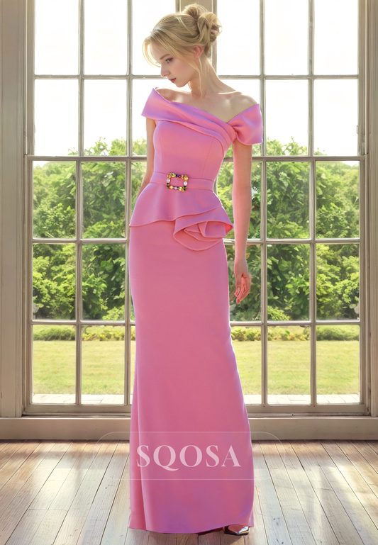 Sheath Off Shoulder Pleats Pink Long Formal Evening Dress for Wedding Mother of the Bride Dress