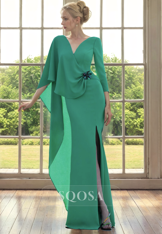 Sheath V Neck 3/4 Sleeves Green Long Formal Evening Dress for Wedding Long Mother of the Bride Dress