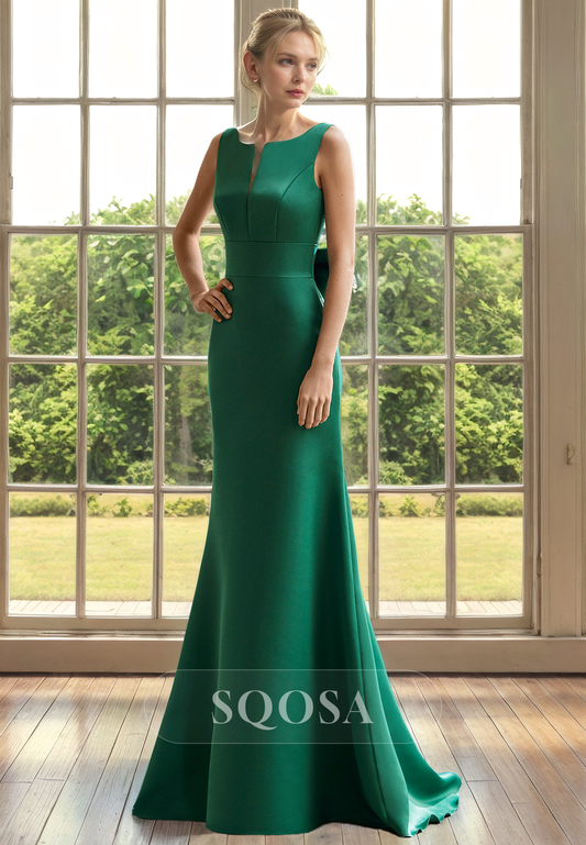 Plunging V Neck Green Satin Mermaid Mother of the Bride Dress for Wedding Long Cocktail Dress