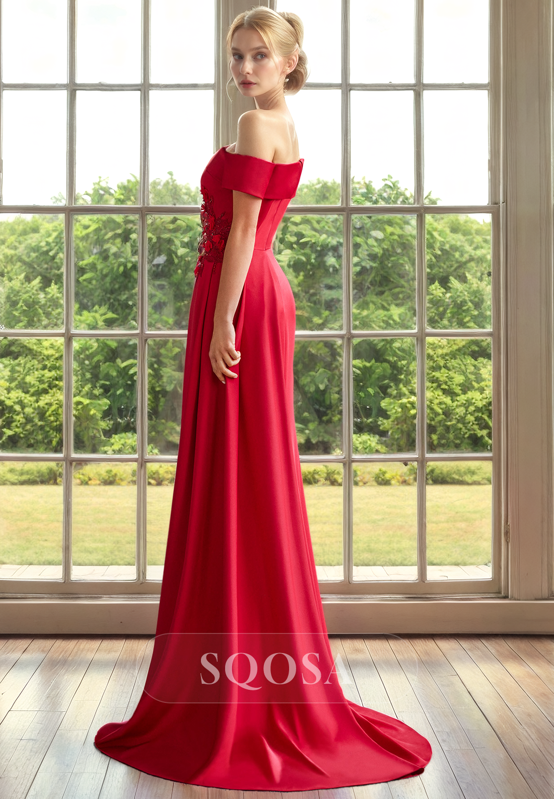 Sheath Off Shoulder Satin Appliques Red Mother of the Bride Dress Long Cocktail Dress