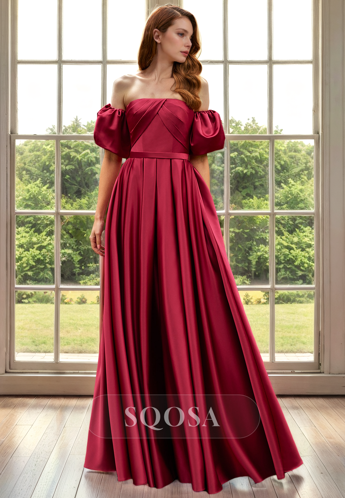 A line Strapless Detachable Short Sleeves Long Cocktail Dress Red Mother of the Bride Dress